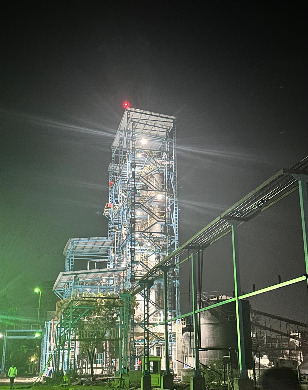 Tall plant structure at night at Piccadily Agro, Chhattisgarh